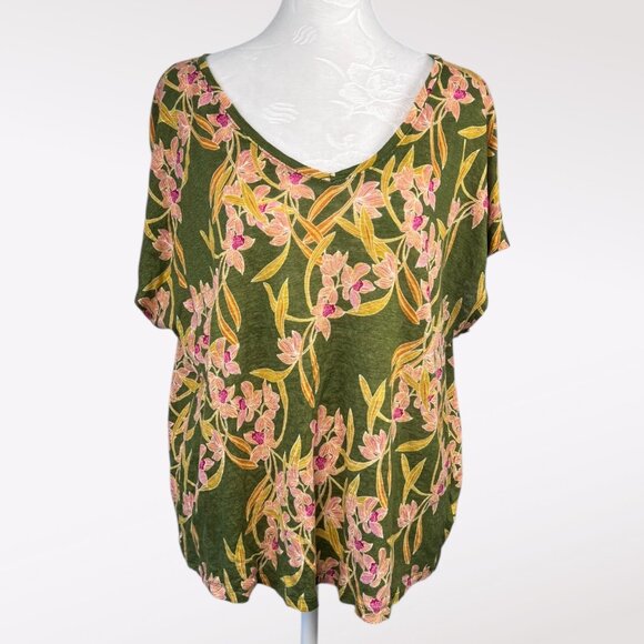 Rachel Zoe Linen Floral Top Green Pink Short Sleeve V Neck Blouse Size Large - Picture 1 of 8